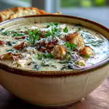 A close-up view of Garlic Parmesan Chicken Soup, showing tender chicken pieces and wilted spinach in a rich broth.