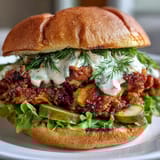 Spicy Chicken Sandwich with a golden, crunchy crust and creamy homemade sauce drizzled on top.