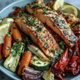 Golden-brown Sheet Pan Salmon and Veggies Bowl hot from the oven, featuring tender flaky salmon nestled among caramelized carrots, bell peppers, and zucchini on a sheet pan.