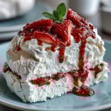 Mini pavlovas with strawberries and cream: crisp meringue shells topped with fluffy whipped cream and fresh berries.