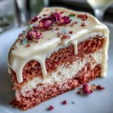 Decadent Bridal Shower Rosé Velvet Cake, creamy frosting with glistening gold.
