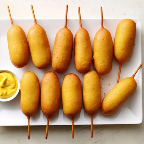 Golden-brown Corn Dogs stacked on a plate with a side of ketchup, perfect for a state fair snack.
