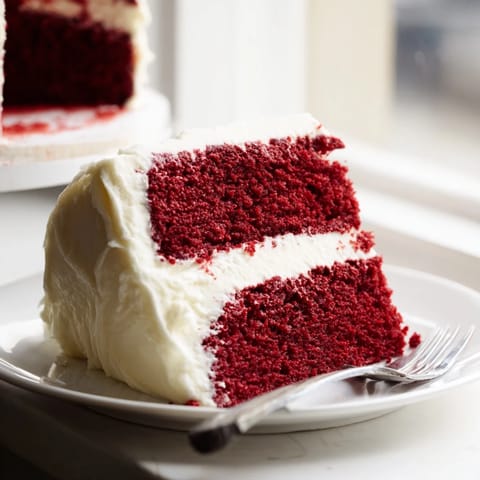 Classic red velvet cake layers with luxurious cream cheese frosting stacked high for a celebration.