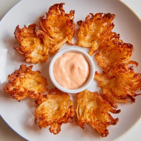 Golden-battered Onion Petals with a bold, spicy dipping sauce on the side.