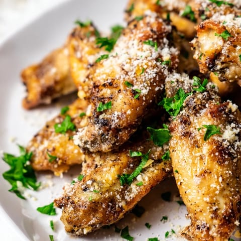Crispy golden Garlic Parmesan Wings resting on a wire rack, ready for a game day platter.