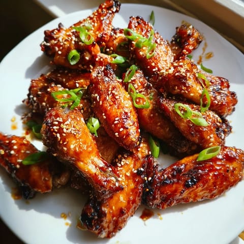 Asian Sticky Wings glazed in a sweet, sticky soy-ginger sauce, baked until caramelized and served on a white platter with sesame seeds.