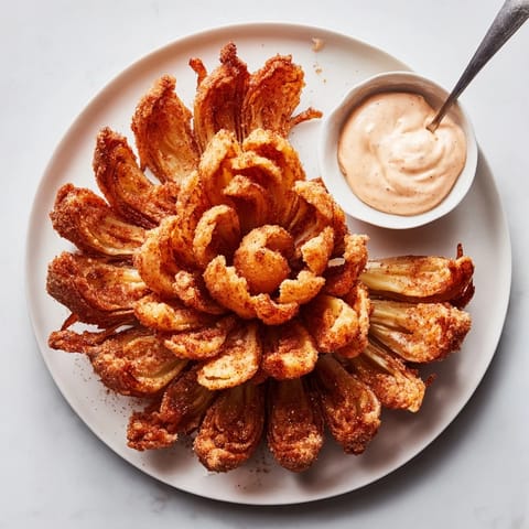 Crispy golden Blooming Onion with creamy dipping sauce, served as a shareable appetizer on a plate.