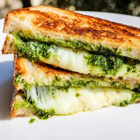 A golden, crispy Spinach Pesto Grilled Cheese sandwich oozing with melted mozzarella and cheddar, served fresh and warm.  