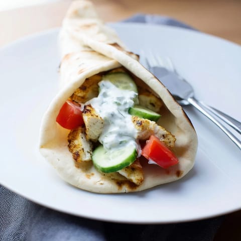 Greek Chicken Wrap on a wooden board, drizzled with tzatziki and garnished with fresh dill and lemon wedges.  