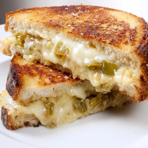 A close-up of Jalapeño Pepper Jack Grilled Cheese with crispy sourdough crusts and spicy pepper jack oozing from the warm sandwich.  
