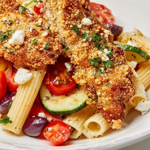 A close-up view of tender short pasta and juicy tomatoes mixed with Kalamata olives, ready to be topped with crispy chicken.