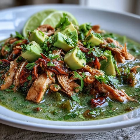 Hearty Chicken Chili Verde slow-simmered with tender chicken and zesty tomatillo sauce.