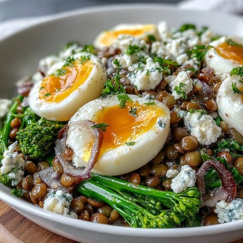 Hearty French lentil salad with broccolini and jammy soft-cooked eggs on a plate.