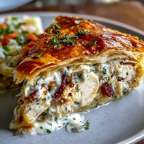 Golden Chicken and Leek Pie with flaky pastry, ready to serve warm.