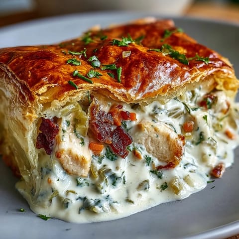 Tender chicken and leeks baked in a rustic Chicken and Leek Pie dish.
