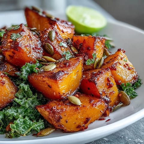 Roasted sweet and spicy red kuri squash bowl, warm spices, maple glazed perfection.