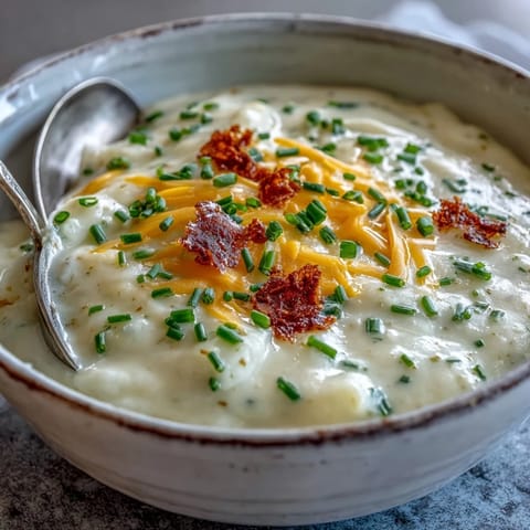 Velvety Cream of Potato Soup steaming in a white bowl, ready to be served with crusty bread.