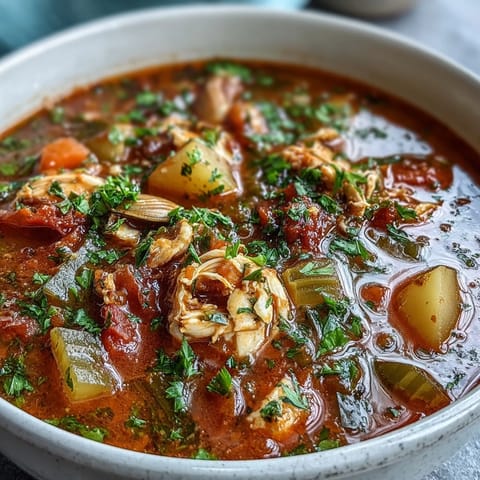 Close-up of vibrant tomato-based Manhattan Clam Chowder featuring chunky vegetables and broth in a rustic pot.