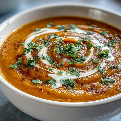 Golden-orange Carrot and Lentil Soup with a creamy swirl, garnished with fresh cilantro and served in a rustic bowl.
