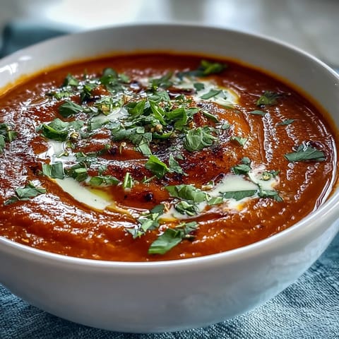 A bowl of silky Roasted Red Pepper Soup next to crusty bread and a spoon for dipping.