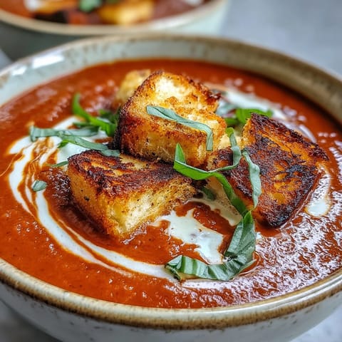 Close-up of velvety roasted tomato soup with a swirl of cream and fresh herbs.