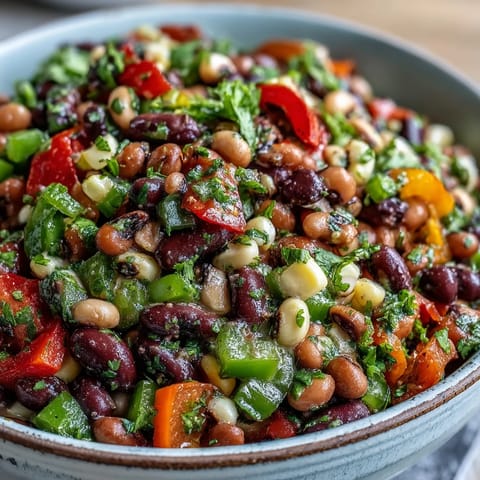 A chilled bowl of Cowboy Caviar ready for dipping, surrounded by crunchy tortilla chips on a rustic table.