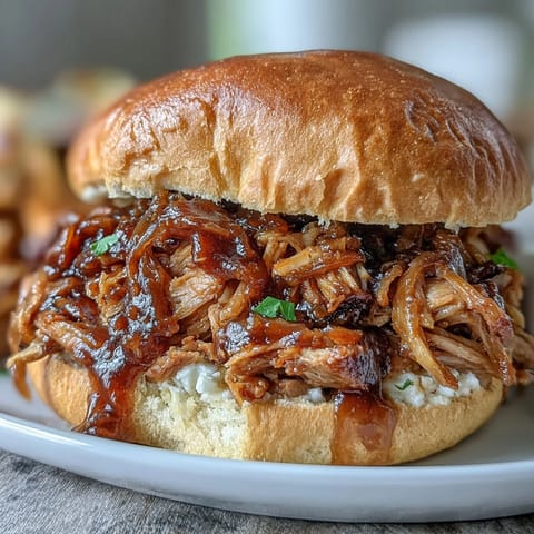 Shredded applesauce pulled pork sandwiches are piled high on soft buns, topped with creamy coleslaw.