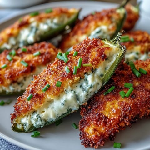 Golden, crispy Air Fryer Jalapeño Poppers on a rustic platter with melted cheese peeking from blistered peppers.
