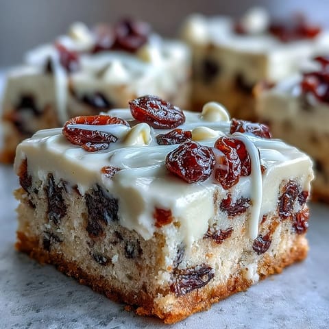 Freshly baked Cranberry Bliss Bars topped with a creamy orange frosting and white chocolate drizzle on a rustic wooden table.