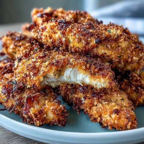 Crispy coated Air Fryer Chicken Strips arranged on a plate ready to serve for dinner.