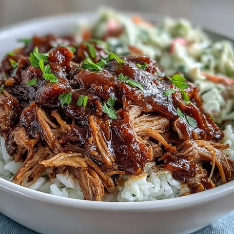 Golden pulled pork bowl with fluffy white rice, tangy coleslaw, and a drizzle of smoky BBQ sauce.