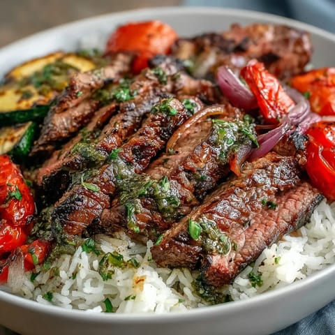 A vibrant Grilled Steak Bowl features tender sliced steak, fluffy rice, and colorful roasted vegetables, all drizzled with fresh chimichurri sauce.