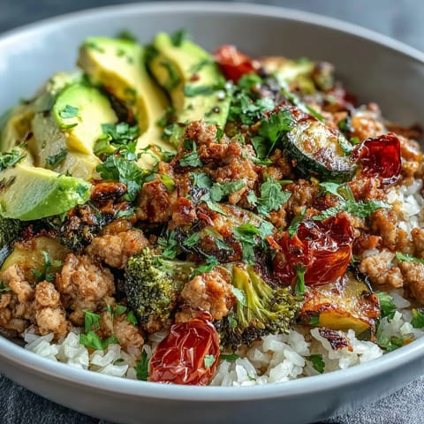 Golden-brown ground turkey with roasted red bell pepper and zucchini over fluffy brown rice in a white bowl.