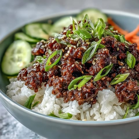 The Korean Ground Beef Bowl features seasoned ground beef over rice, topped with bright pickled veggies and sesame seeds.