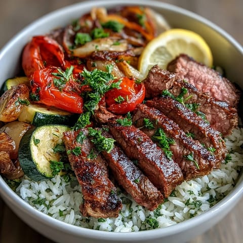 Easy sheet pan dinner featuring tender steak, caramelized veggies, and aromatic jasmine rice, all roasted together.  