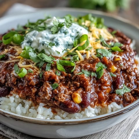 Hearty chili served over a bed of fluffy rice, topped with melted cheddar and fresh cilantro.  