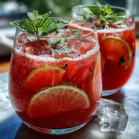 Vibrant watermelon lime sparkling punch in a clear pitcher with fresh mint and lime slices.