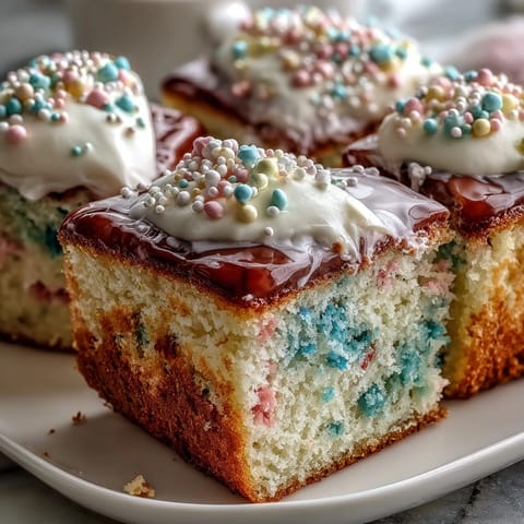 Light vanilla Funfetti cake layers topped with dreamy pastel buttercream, ideal for spring celebrations.  