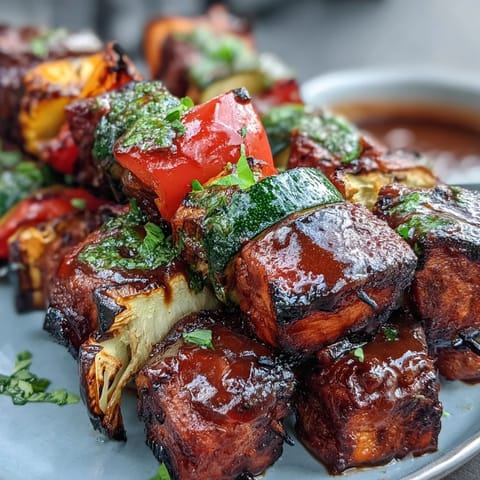 Grilled Summer Veggie Skewers with Chimichurri, a colorful mix of zucchini, peppers, and mushrooms.