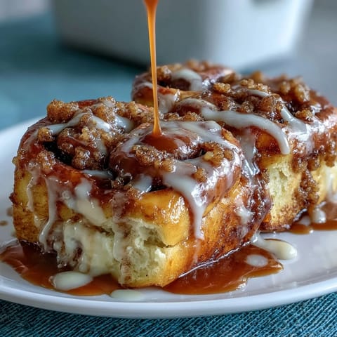Warm cinnamon roll pancake casserole with cream cheese glaze, perfect for cozy weekend brunch.