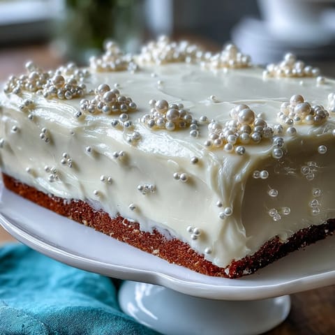 2. Beautifully decorated sheet cake covered in pearl fondant, adorned with edible pearls for a festive Communion party dessert.  