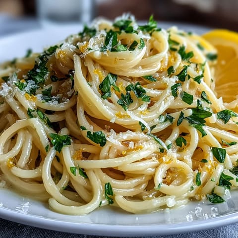 Creamy lemon butter pasta with bright citrus flavor, silky Parmesan sauce, and fresh parsley garnish.  