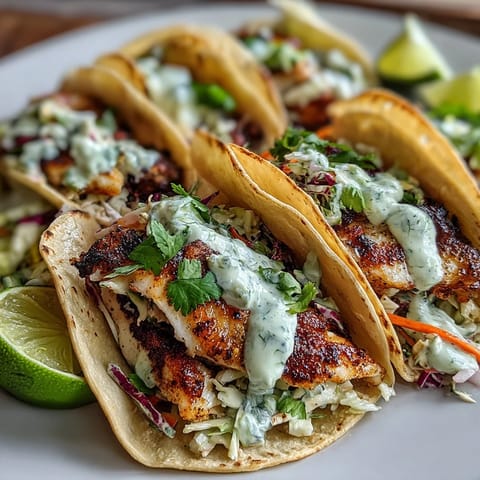 Fresh coconut lime grilled fish tacos with zesty marinade, topped with crunchy cabbage slaw and creamy coconut lime crema, perfect for summer dinners.