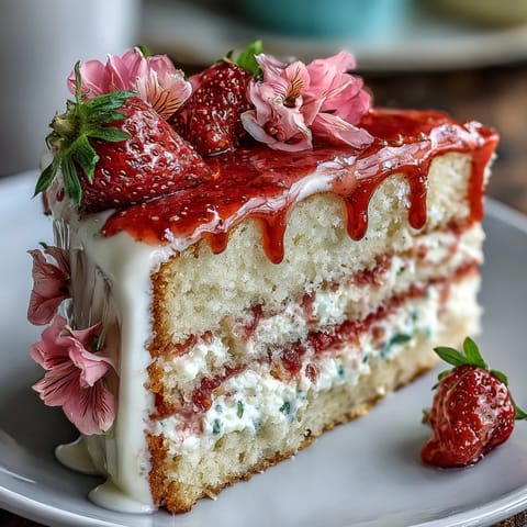 Elegant spring cake with white chocolate drip and fresh strawberry frosting, topped with edible flowers for a festive celebration.
