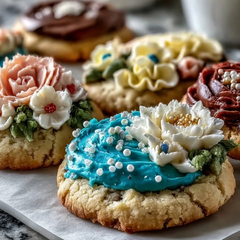 Delicate buttery flower cookies decorated in pastel royal icing, a festive spring treat.