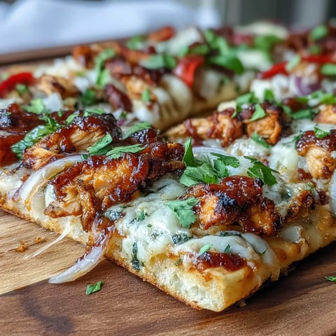 BBQ chicken flatbread pizza with smoky grilled chicken, melty mozzarella, and fresh cilantro on a crispy crust.  