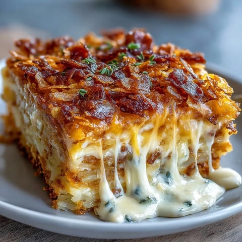 A bubbling cheesy hash brown casserole with golden cornflake topping and creamy potato filling.