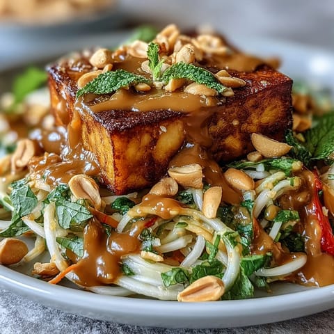 Bright Thai mango salad with golden crispy tofu and creamy peanut sauce overhead.