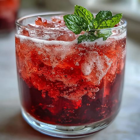 Sparkling Hibiscus Mint Lemonade Mocktail: vibrant deep red drink with mint, perfect chilled.
