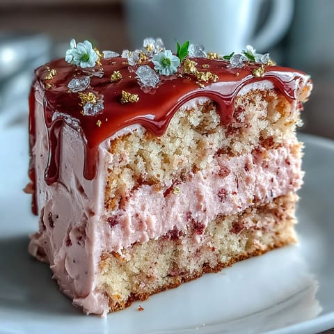 A blushing Bridal Shower Rosé Velvet Cake showcasing rich frosting and shimmering edible gold accents.